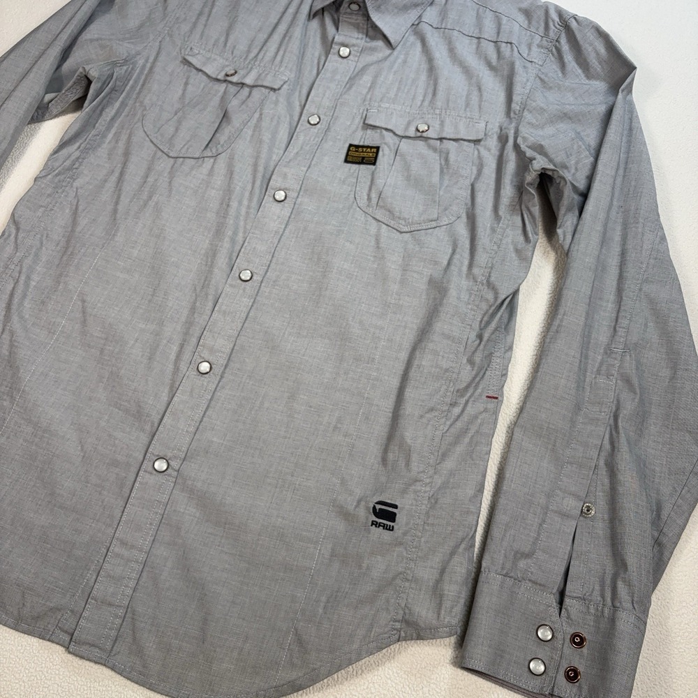 G-Star‎ Raw Western Shirt Men's L Gray Flap Pocket Pearl Snap Stretch Button Up - Picture 6 of 16